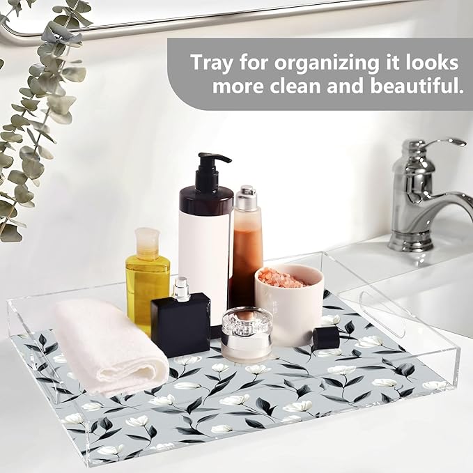 Serving Tray with Handles Clear Acrylic Tray 12x16 Inch Decorative Rectangular Tray Organizer for Ottoman Coffee Table Bathroom Light Gray Tulip Flowers