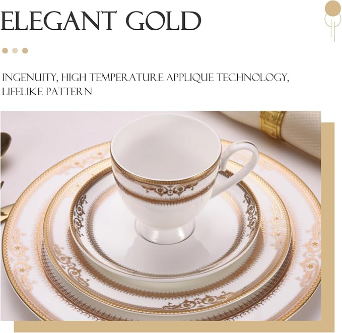 8 pieces bone china dishes set for 2, ceramic plate set with gold thread, elegant royal pattern dinnerware sets for wedding, housewarming, birthday