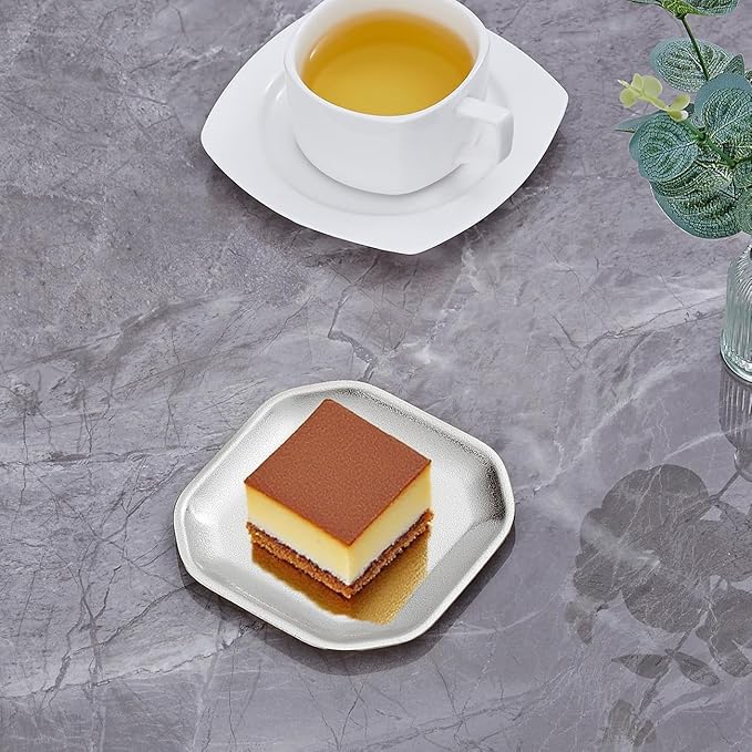 SANQIAHOME 4.7x4.7 inch square Appetizer Plates,thick stainless steel Dinner Plates, Pasta Dessert Plates for Sushi, Fruit oven/Dishwasher Safe, Set of 4,silver