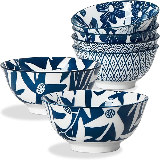 ONEMORE 20 oz Ceramic Cereal Bowls Set of 6, Porcelain Dinner Bowls for Soup, Dessert, Ice Cream - Microwavable, Dishwasher & Oven Safe, Large Kitchen Bowl, Scratch Resistant - Vintage Blue & White
