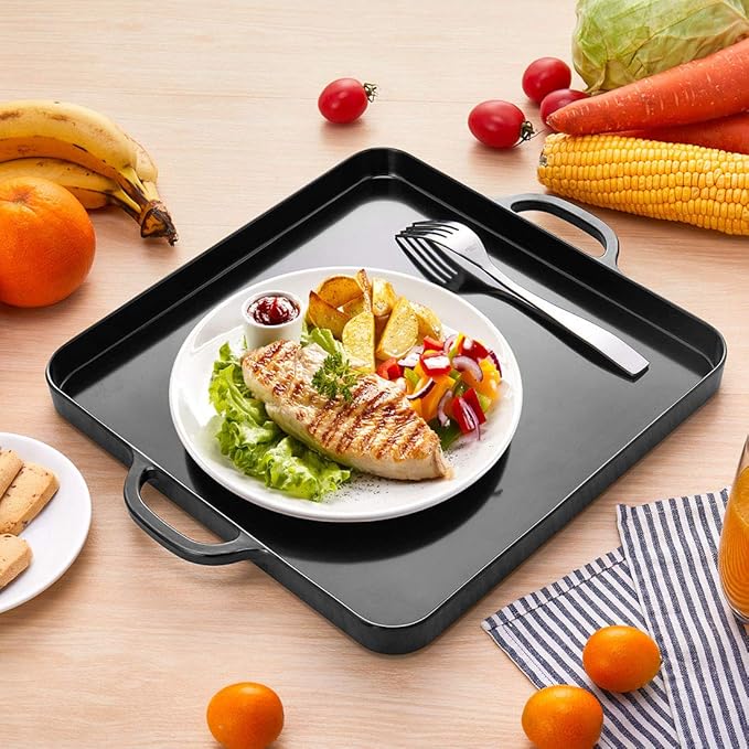 i BKGOO Foodservice Black Plastic Tray with Handle Set of 2 Large Melamine Cube Serving Platters for Parties, Table, Kitchen Size(12.5"x12.5"x1")