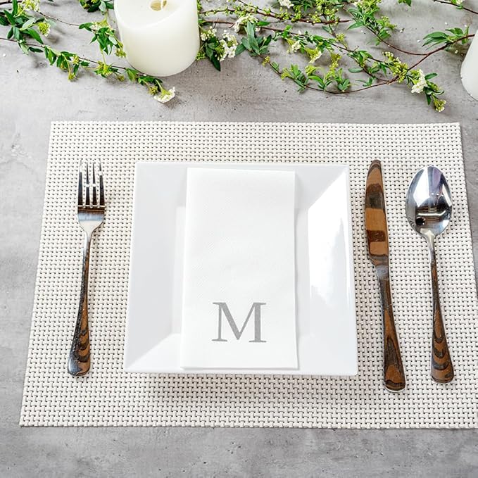 Luxenap 15.8 X 7.9 Inch Linen-Feel Guest Towels, 2000 Lettered Hand Towels - Silver Letter 'M', Sans Serif Font, White Paper Dinner Napkins, airlaid, For Restrooms And Tables - Restaurantware