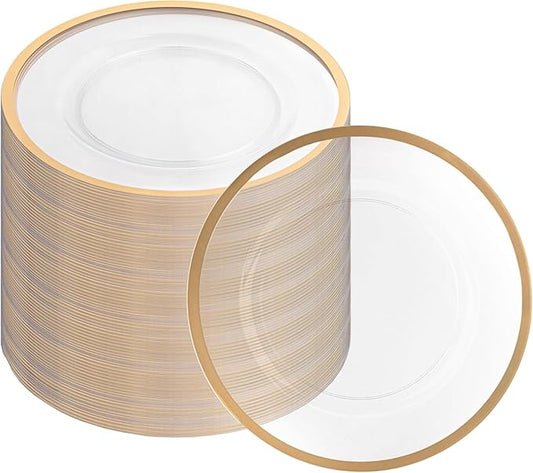 PARTY BARGAINS 13-Inch Charger Plates - 48 Pack, Clear Gold Rim, Heavy-Duty Disposable Chargers for Elegant Dining - Ideal for Weddings and Formal Events