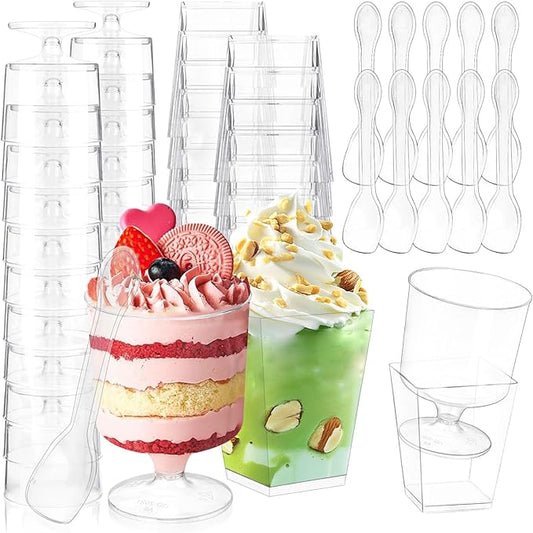 150 Dessert Cups with Spoons Sets, 5oz Mini Clear Plastic Disposable Parfait Cups, Small Serving Bowl for ice cream, Square Dessert Shot Glasses Round Goblets for Christmas Party (300pcs)