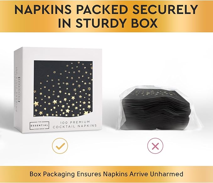 Stylish Black and Gold Napkins, 100 Black Star Napkins, 5x5 Inch Black&Gold Cocktail Napkins, Disposable Star Cocktail Napkins for Party