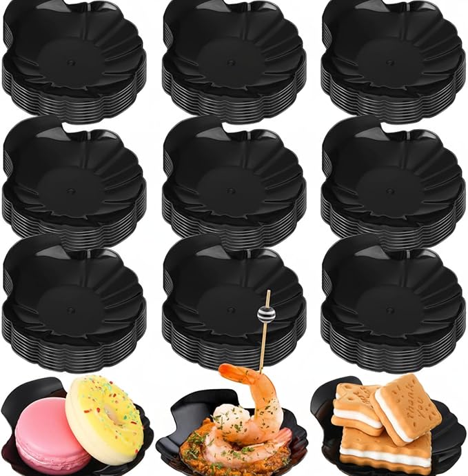 Gerrii 100 Pcs Shell Appetizer Plates Black Plastic 3.31 Inch Shrimp Cocktail Serving Dish Disposable Oyster Plates Ideal for Serving Amuse Bouche, Desserts on Parties or Events