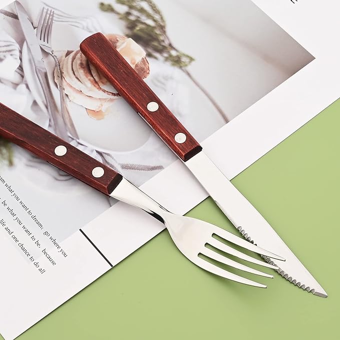 Dinner Knives Set of 8, Steak Knife with Wooden Handle, Stainless Steel Serrated Steak Knives, Flatware Cutlery Table Knife, Thick-Grip Wood Handle Steak Knife Set - 8.15 Inch