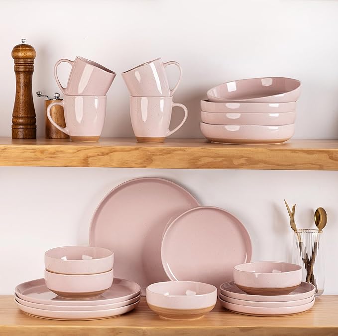 GBHOME 24-Piece Ceramic Dinnerware Set for 6, Handpainted Plates, Pasta Bowls & Bowls Set with Rustic Terracotta Underside, Scratch-Resistant, Dishwasher & Microwave Safe,Speckled Glaze Pink