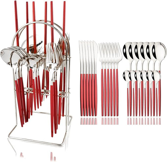JASHII Red and Silver Hanging Flatware Set Include Knife Fork Spoon Teaspoon and Stand, 24pcs Stainless Steel Utensils Set Service for 6,Modern Design & Mirror Polished, Great Gift