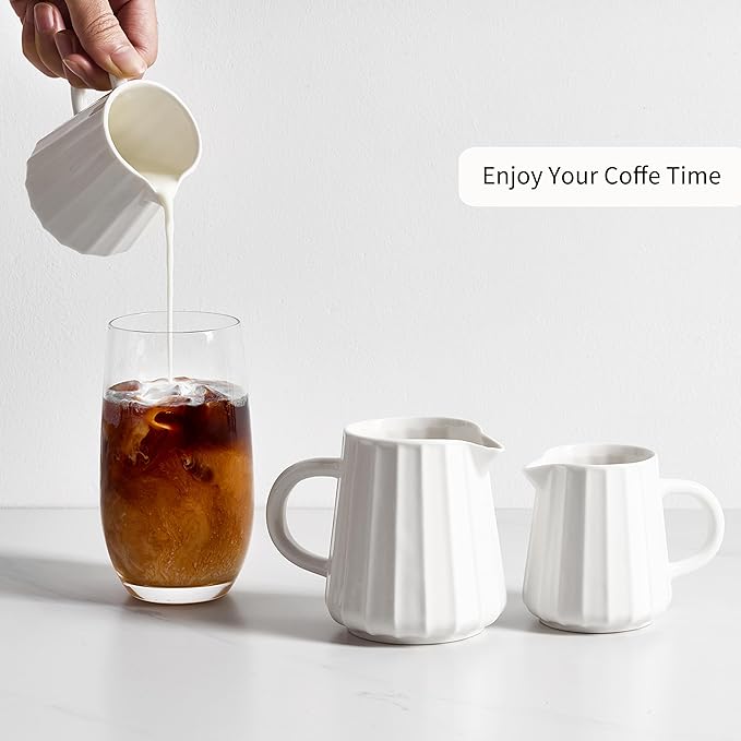 Gurygo Wave Shaped 9 Oz Classic White Creamer with Handle - Small Creamer Pitcher - Fine Porcelain Ceramic Pitcher for Coffee Milk Sauces Salad, Microwave & Freezer Safe