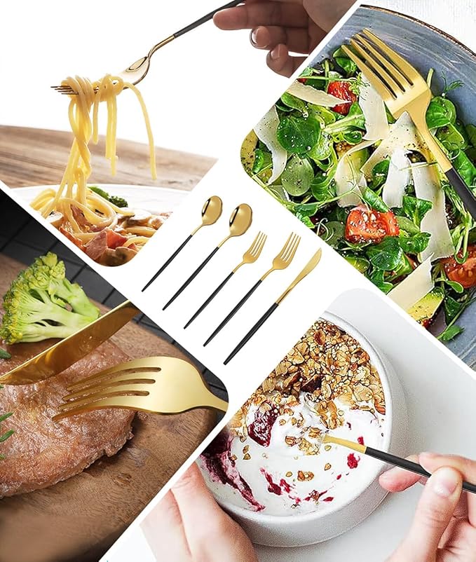 Kawlity Stainless Steel Serving Flatware Durable Black & Gold Polished Knives Spoon Forks 30 Pcs Utensil Dinner Tableware, for Kitchen Dishwasher Adults and Children Ideal Gift