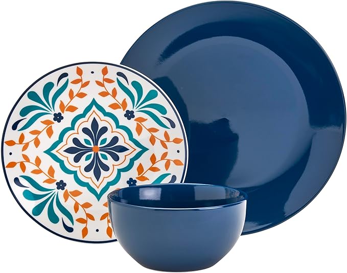 Tabletops Gallery 12-Piece Isabella Patterned Ceramic Dinnerware Set of Kitchen Dishes, Dinner Plates, Cereal Bowls, Service for 4, Blue