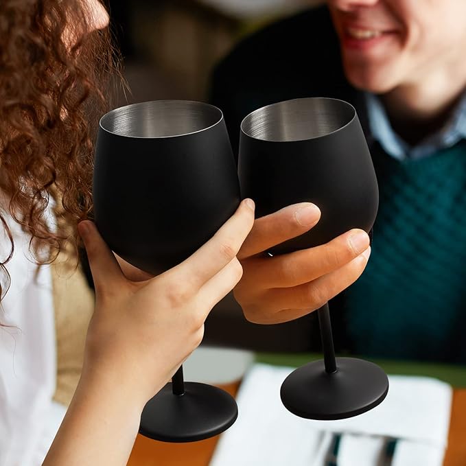 Lifecapido Stainless Steel Wine Glasses Set of 8, 18oz Stainless Steel Wine Goblet, Black Wine Glasses, Metal Wine Glasses with Cup Brush for Party Office Wedding Anniversary, Great for Red White Wine
