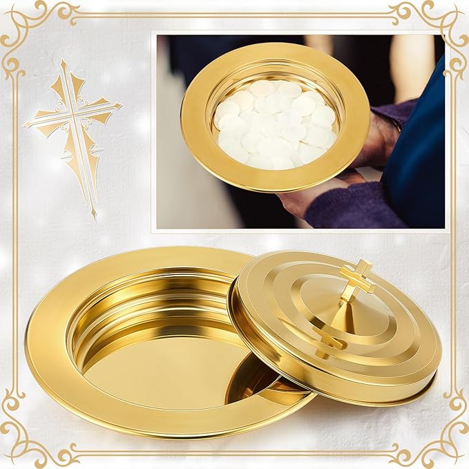 Zhehao 1 Plates Gold Communion Set, Holy Trays with Lid, Stainless Steel Bread Tray Plates for Churches, Holy Communion Tray with Cover, Polished Church Supplies Ware Sets