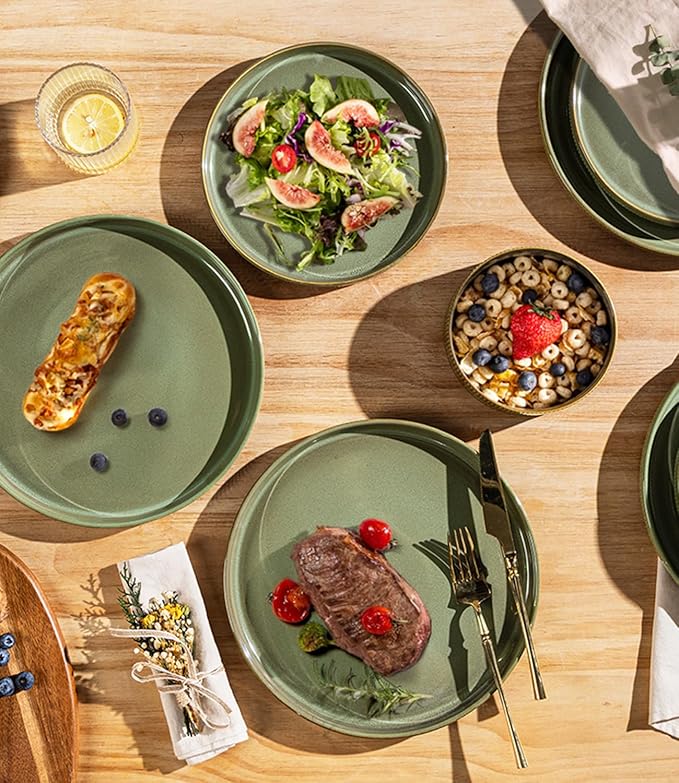 TheTerra Ceramic Dinnerware Sets for 4, 12 Pieces Porcelain Lightweight Plates and Bowls Sets, Scratch Resistant Dish Set, Oven & Microwave & Dishwasher Safe, Sage Umber