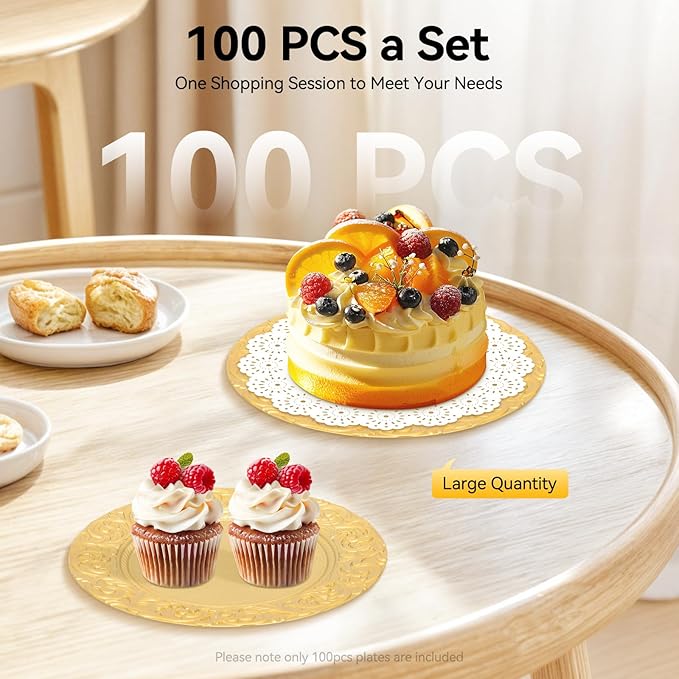 100Pcs Round Charger Plates, 13 Inch Reusable Serving Plates with Embossed Rim, Elegant Decorative Flower Relief Carving Chargers, Charger Plates Bulk for Wedding Party Event Decoration (Gold)