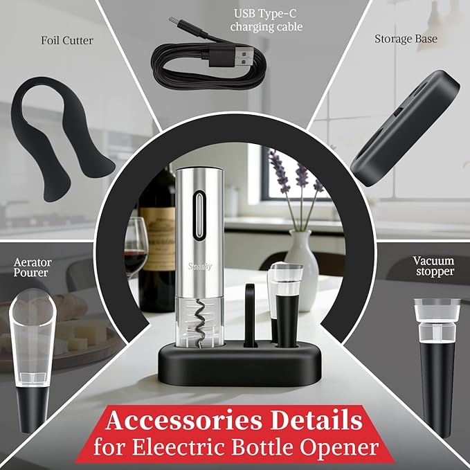 5 IN 1 Rechargeable Electric Wine Opener, Stainless Steel Automatic Bottle Corkscrew with Foil Cutter, Vacuum Stopper, Wine Pourer, One Touch Bottle Winer Gift Set for Christmas, Party