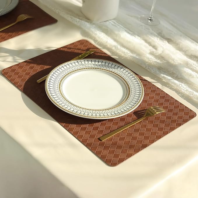 FAVE Faux Leather Placemats Set of 4 Oil-Proof Wipeable PU Placemats for Kitchen Dining Table,Restaurant,Coffee Shop (Walnut Brown-4PCS)