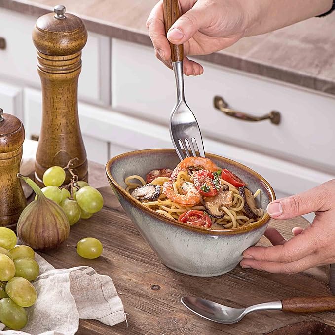 Henten Home Ceramic 20 oz Salad Bowls Set, Slanted Snack Bowl Set of 4, Porcelain Serving Bowls for Soup, Dessert, Microwave & Dishwasher Safe, Reactive Glaze (White)