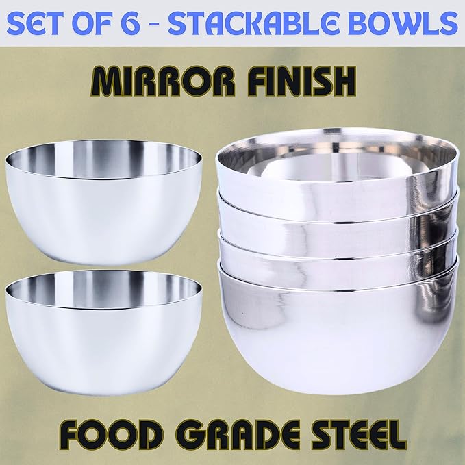 Stainless Steel Bowls (6 Pack), 180 ML / 6 Oz Unbreakable Stackable Dinner Bowls, Sauce Dishes Metal Curry Snack Seasoning Bowl, BPA Free & Dishwasher Safe
