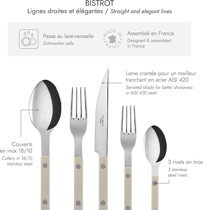 SABRE PARIS - 5-Piece Flatware Set - Bistrot Collection - Knife, Fork, Soup Spoon, Teaspoon & Dessert Fork - Stainless Steel & Nylon - Dishwasher Safe - Light Kaki - Brilliant Finish
