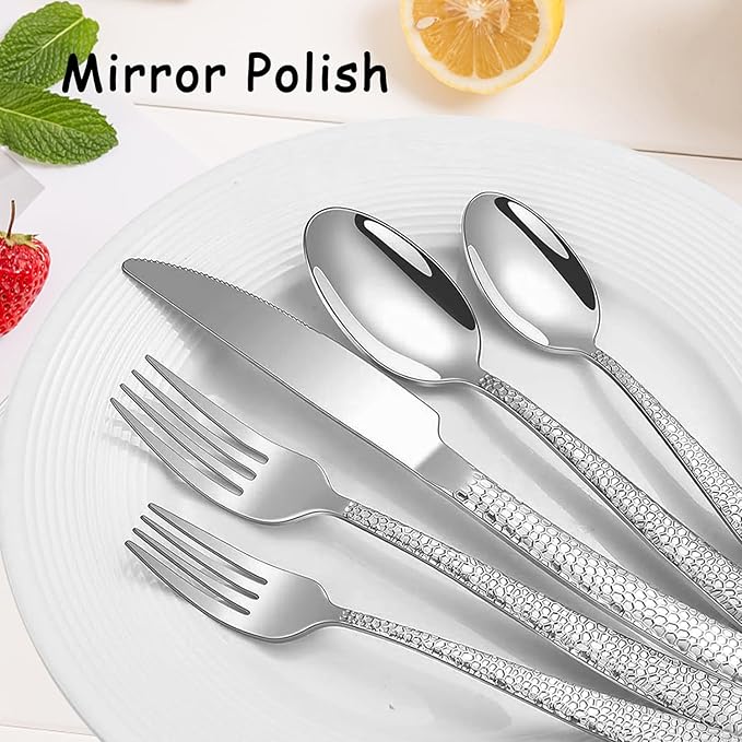 Hammered Silverware Set With Gift Box For 8 Cutlery Set Utensils Stainless Steel Flatware 40 Pieces MIKIWAY Luxury Kitchen Tableware Set For Gifts Festive, Dishwasher Safe, Mirror Polishing