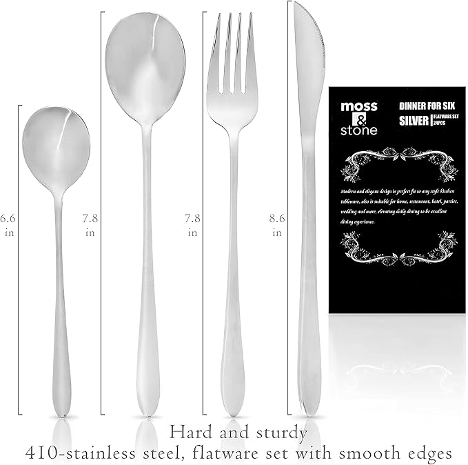 Moss & Stone 24 pcs Silverware Set For 6, Stainless Steel Flatware Set, Utensils Set Mirror Polished Includes Fork Spoon Knife & Tea Spoon, Modern Silverware Set