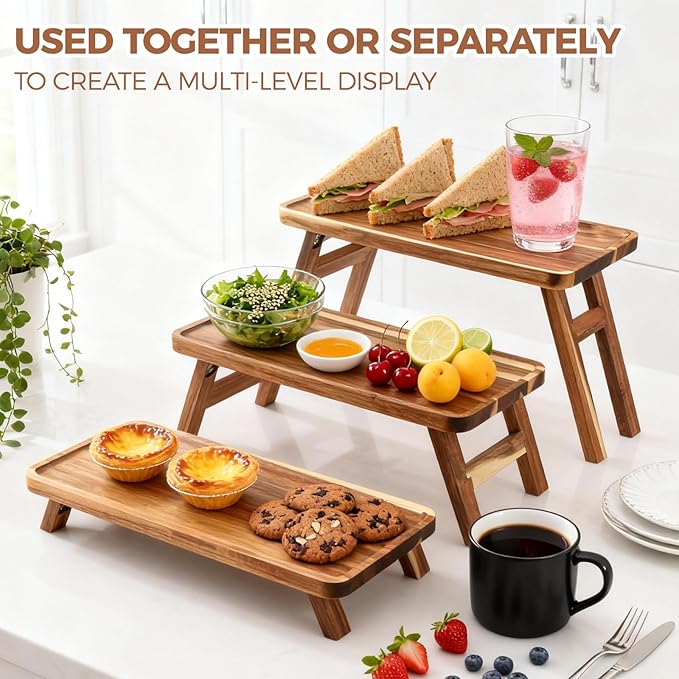 3 Tier Serving Tray for Party,16.9" x 5.9" Platters for Serving Food, Acacia Wooden Tiered Tray Stand Dessert Table Display Set Decor for Party, Birthday, Wedding, Christmas