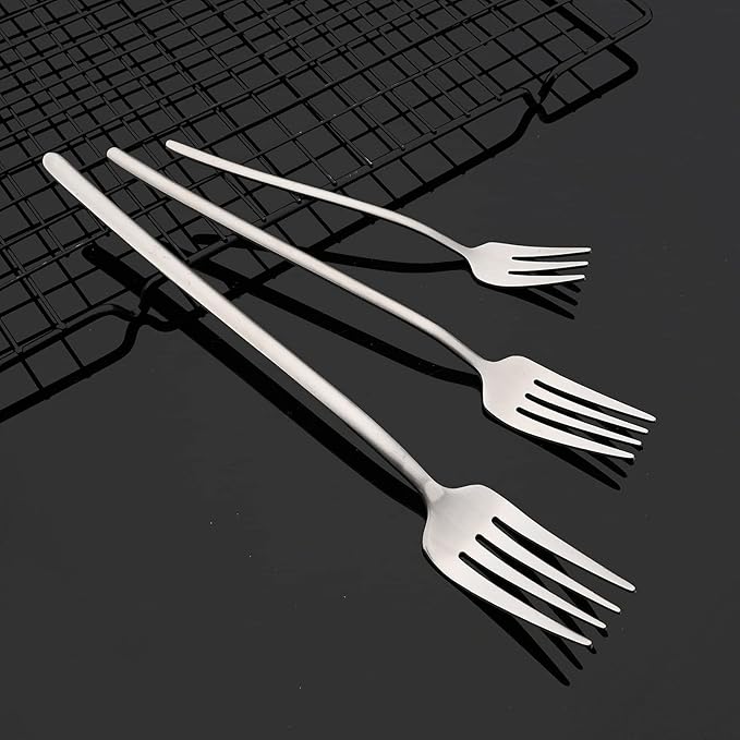 JASHII Modern Design 304 Stainless Steel 5.3" Tea Fork Set,3 prong Small Cake Fruit Forks and 5.4" Coffee Spoons Frosted Handle for Coffee Ice Cream Sugar Parties Events Wedding - Silver