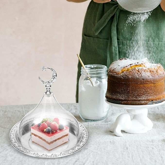 Zerodeko Eid Mubarak Cake Stand with Dome Lid Ramadan Cake Plate with Acrylic Cover Metal Muslim Dessert Holder Serving Tray for Eid Mubarak Party, 17x17cm, Silver, E191567BN3