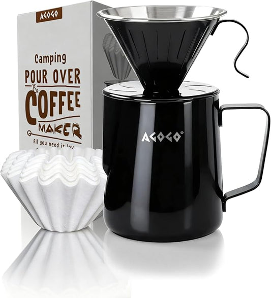 AGOGO Portable Pour Over Coffee Maker V60 Set - Easy Cleaning Compact 304 Stainless Steel Dripper for Camping & 50 Filters Paper & Cleaning Rag Black 30oz