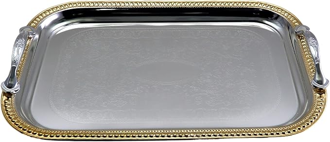 13.8 inch x 9.4 inch Oblong Chrome Plated Mirror Silver Serving Tray with Handles Stylish Design Floral Engraved Iron Gold Edge Decorative Party Birthday Buffet Platter Plate FST-023