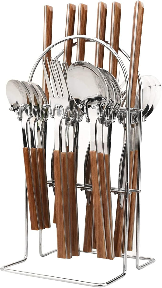 Silverware Set, 24 Piece Mirror Flatware Set With Stand, Stainless Steel Utensils With Wooden Handle, A Complete Cutlery Set For Most Families, Service For 6