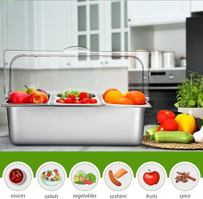 4 Pans Countertop Ice Food Serving Display Container and Clear Roll Top Cover Stainless Steel Condiment Dispenser Serving Tray Salad Bar Buffet Station for Restaurant Hotel Kitchen Party