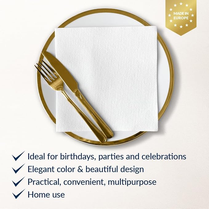 PAW - 50 Pieces White Linen-Feel Paper Napkins 16" x 16", Unicolor Disposable Cloth-Like Napkins, Bathroom Towels, Dinner Napkins for Birthday, Wedding, Party