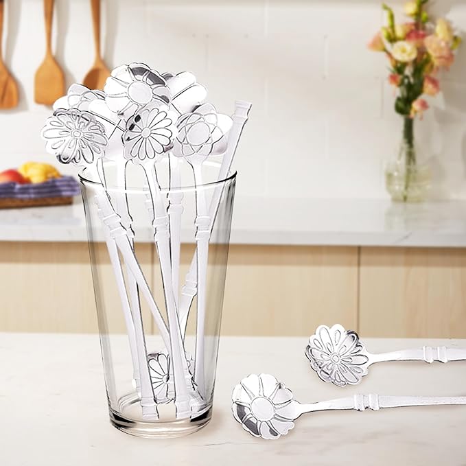 10 Pcs Flower Spoon Coffee Teaspoon Set, Stainless Steel Tableware Creative Dessert Spoons Sugar Coffee Teaspoon Ice-Cream Mixing Stir Bar Ice Tea Spoon (Silver)