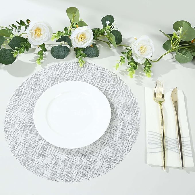 20 Pack 13" Silver Glitter Mesh Placemats - Round Disposable Durable Perfect for Parties and Events