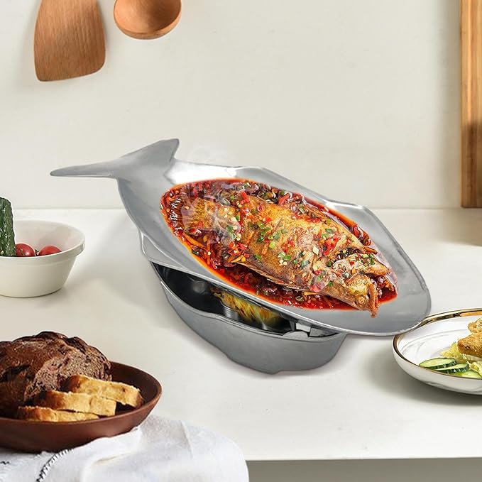 Thai Fish Plate – Aluminum Hot Pot Serving Trays, Fish-Shaped Food Platter | Metal Tableware for Indoor Kitchen, Outdoor Dining, Seafood Presentation, Party Serving, Restaurant, Home Cooking