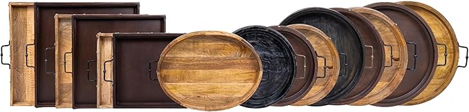 16” Round Ottoman Tray, Distressed Black Mango Wood, Rustic Farmhouse Style with Antique Brass Handles & Accent Strap, Large Coffee Table Tray for Tea, Breakfast in Bed, Living Room