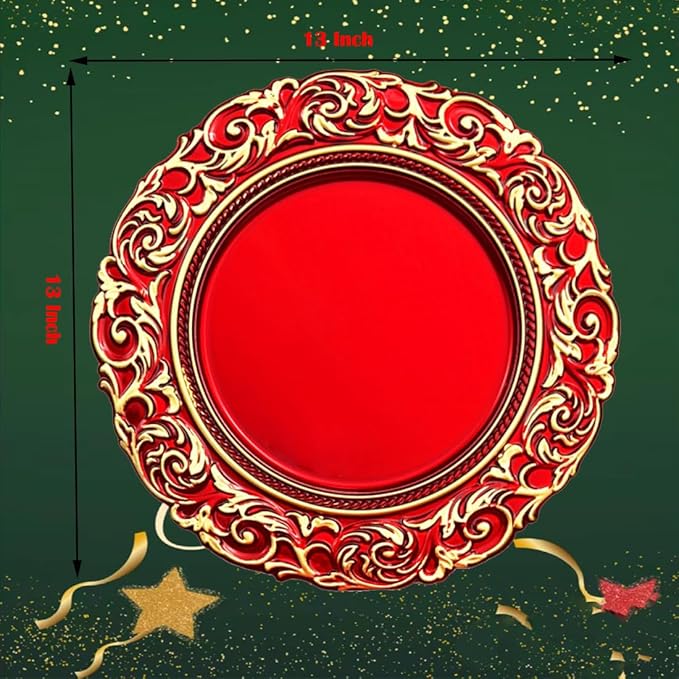 Red Charger Plates with Gold Embossed Rim, Plate Chargers for Dinner Plates. Set of 6, 13 Inch Plastic Charger for Dinner and Party Table Settings, Christmas, Thanksgiving,