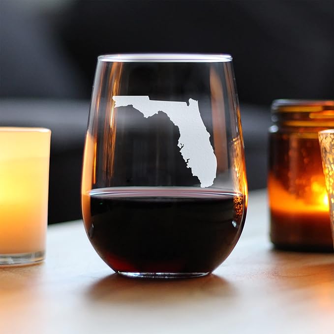 Bevvee Florida State Outline Stemless Wine Glass - State Themed Drinking Decor and Gifts for Floridian Women & Men - Large 17 Oz Glasses
