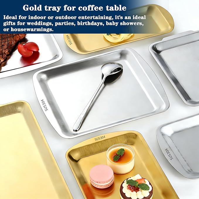 Silver Serving Tray, 304 Stainless Steel Rectangle Plates for Food, Metal Tray for Bathroom Vanity Jewelry and Serving, 9.2x5.7Inch
