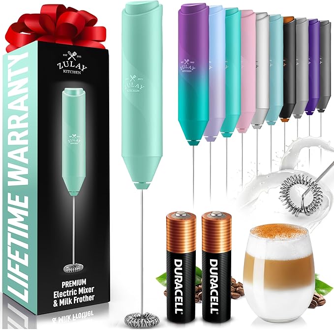 Zulay Kitchen Powerful Milk Frother Handheld with 2 Duracell AA Batteries – Ultra Fast Frother Wand Electric Drink Mixer for Coffee, Lattes, Cappuccinos, Matcha & Hot Chocolate – Portable Foam Maker