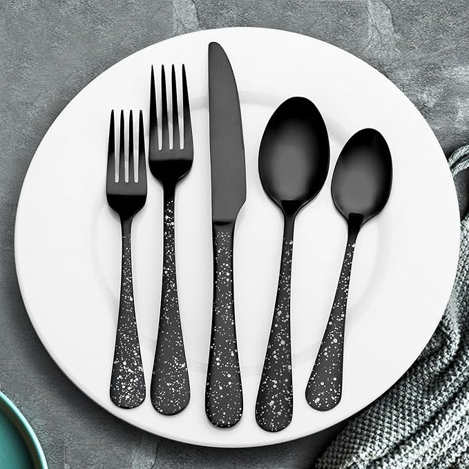 O.C.E. Matte Black Silverware Set, Stainless Steel Flatware Set, 20-Piece Tableware Cutlery Set Service for 4, Satin Finish Tableware Utensils Set, Dishwasher Safe (Starry White)