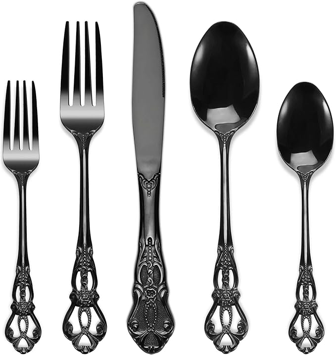 Black Silverware Set, 30 Pieces Retro Royal Silverware Set for 6, Gothic Decor Stainless Steel Flatware Set Including Fork Spoon and Knife, Dishwasher Safe, Black