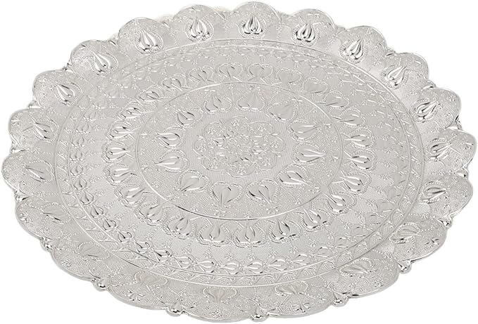 Vintage Tea Coffee Serving Tray Round Metal Beverage Tray with Embossed Pattern for Coffee Tea Desserts Jewelry Gifts 13.8in (Silver)