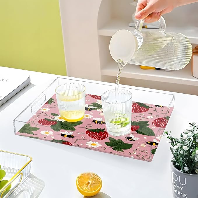Serving Tray with Handles Clear Acrylic Tray 12x16 Inch Decorative Rectangular Tray Organizer for Ottoman Coffee Table Bathroom Pink Bees Flowers Strawberry