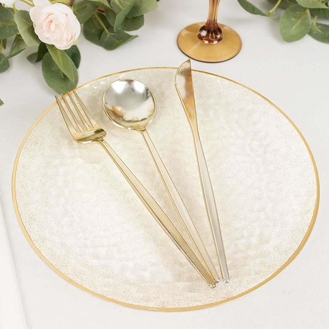 Efavormart 10 Pack Gold Glitter Clear Hammered Plastic Dinner Plates, Round Disposable Party Plates With Gold Rim - 9"