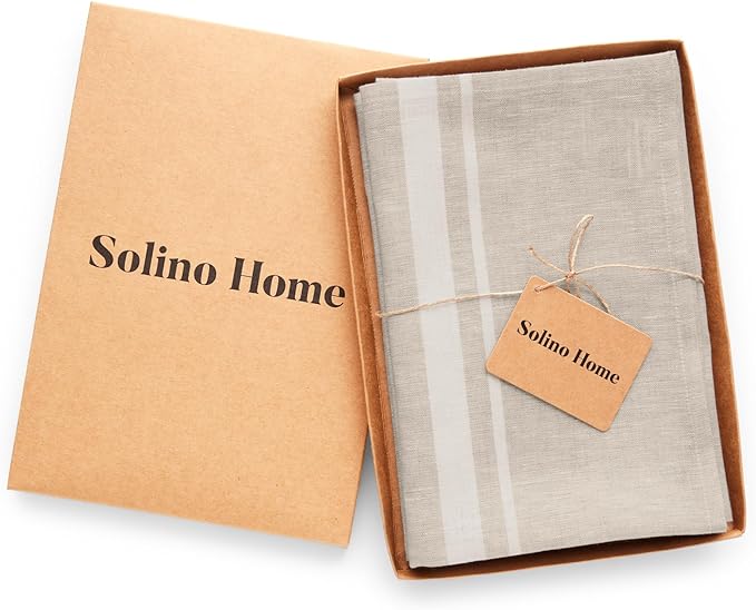 Solino Home Striped Linen Dinner Napkins Set of 4-100% Pure Linen White and Natural Cloth Napkins 20 x 20 Inch - French Stripe, Handcrafted and Machine Washable