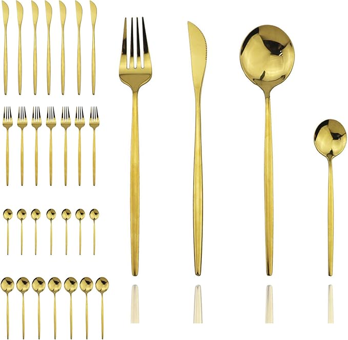 JASHII 32 Pieces Stainless Steel Home Kitchen Cutlery Set Gold Flatware Set Mirror Polished Knife Fork Set Spoon Modern Tableware Set (Gold Full)